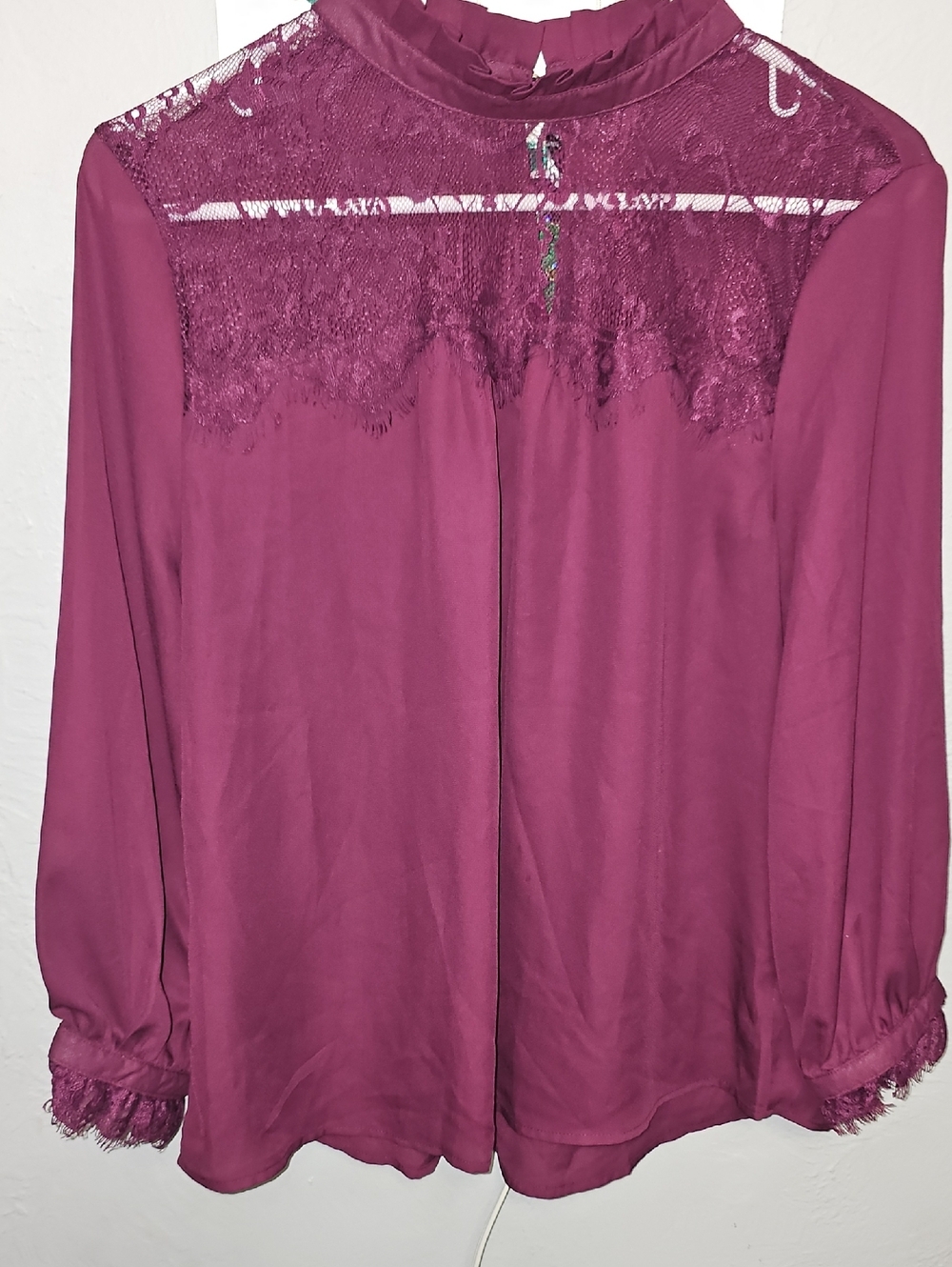 Lace Yoke Long-Sleeve Blouse - Deep Berry